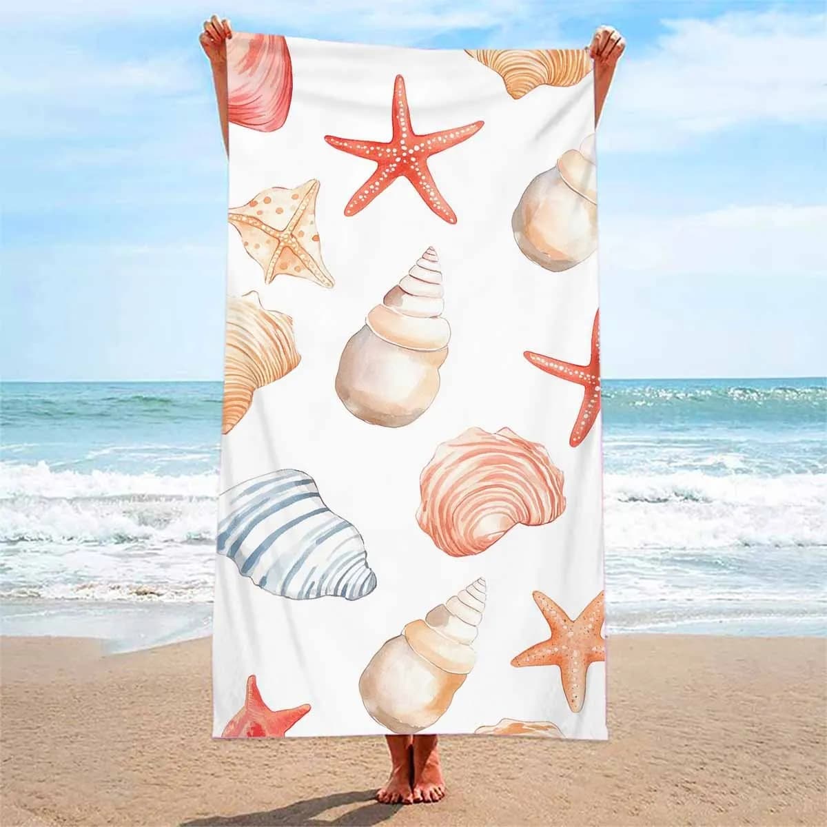 Telo Mare Morbido in Microfibra a Tema Oceano con Conchiglie e Stelle Marine, Coperta da Bagno per Piscina, Spa, Viaggi Estivi, Regalo, Plaid Decorativo