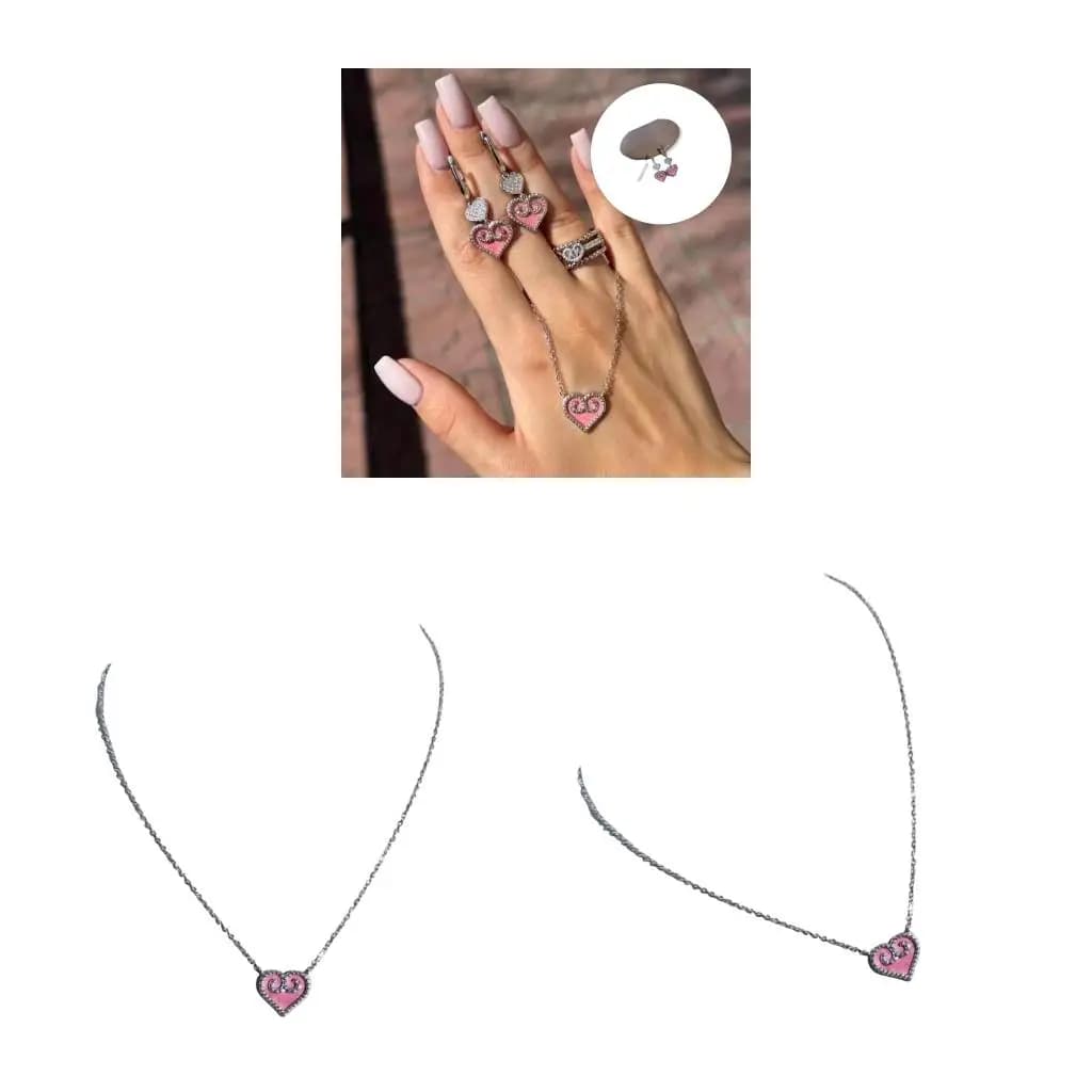 Beautiful Kazakh Themed Heart Necklace Earrings Featuring Shining Crystals Unique Cultural Accessory For Daily Wear