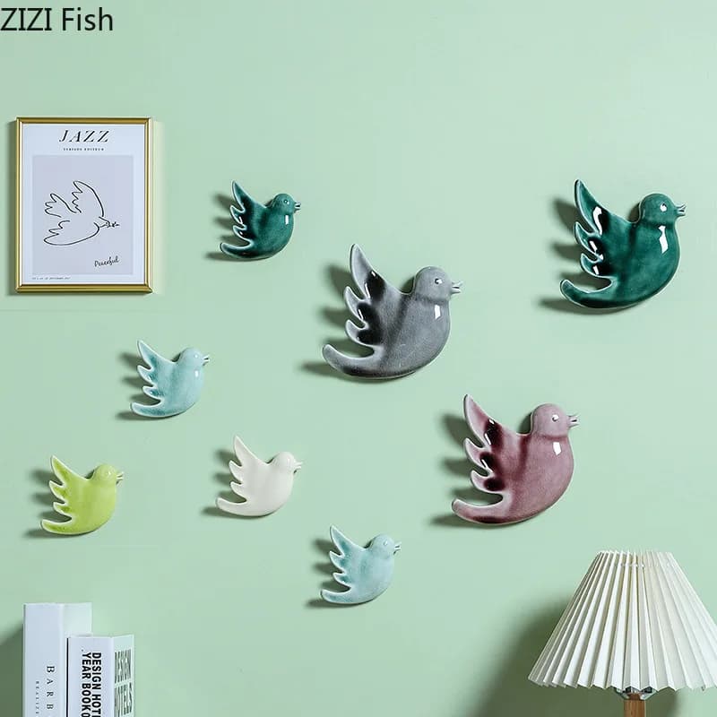 Ceramic Bird Ornament Hanging Decorations 3D Background Wall Decoration Animal Pendant Sculpture Statue Wind Chimes Crafts