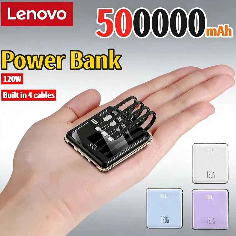 Power Bank Lenovo 500000mAh con Ricarica Rapida 120W, Caricabatterie Portatile con 4 Cavi Integrati, Batteria Esterna per iPhone Samsung