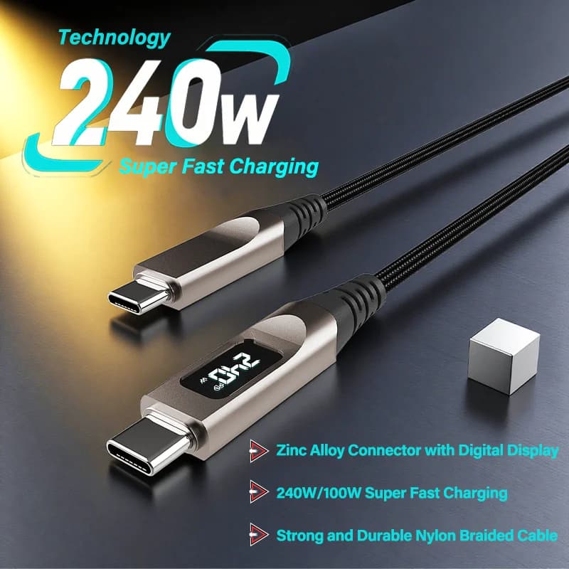 Cavo di Ricarica Rapida USB-C a Type-C da 240W con Display Digitale e Chip E-marker in Lega di Zinco 5A per iPhone 15 16 17 Pro Max Xiaomi Samsung
