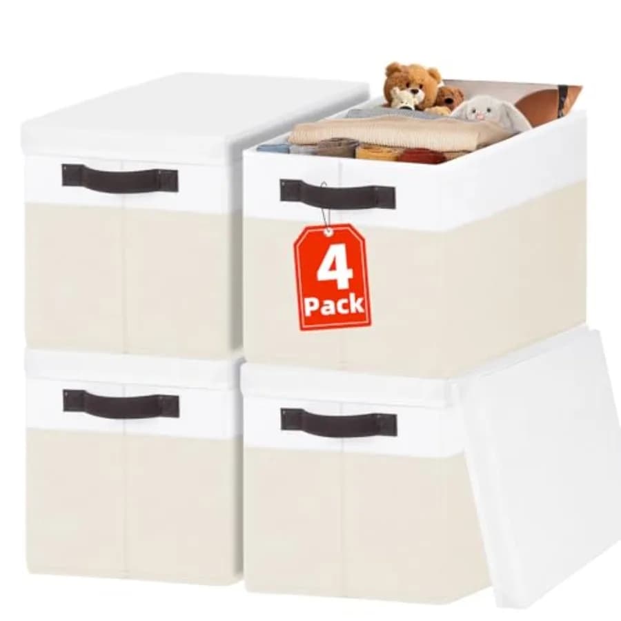 Contenitori Organizzatori Grandi per Armadio con Coperchio, Confezione da 4 - Cesti Decorativi da 23 QT per Scaffali di Soggiorno e Camera da Letto - Impilabili