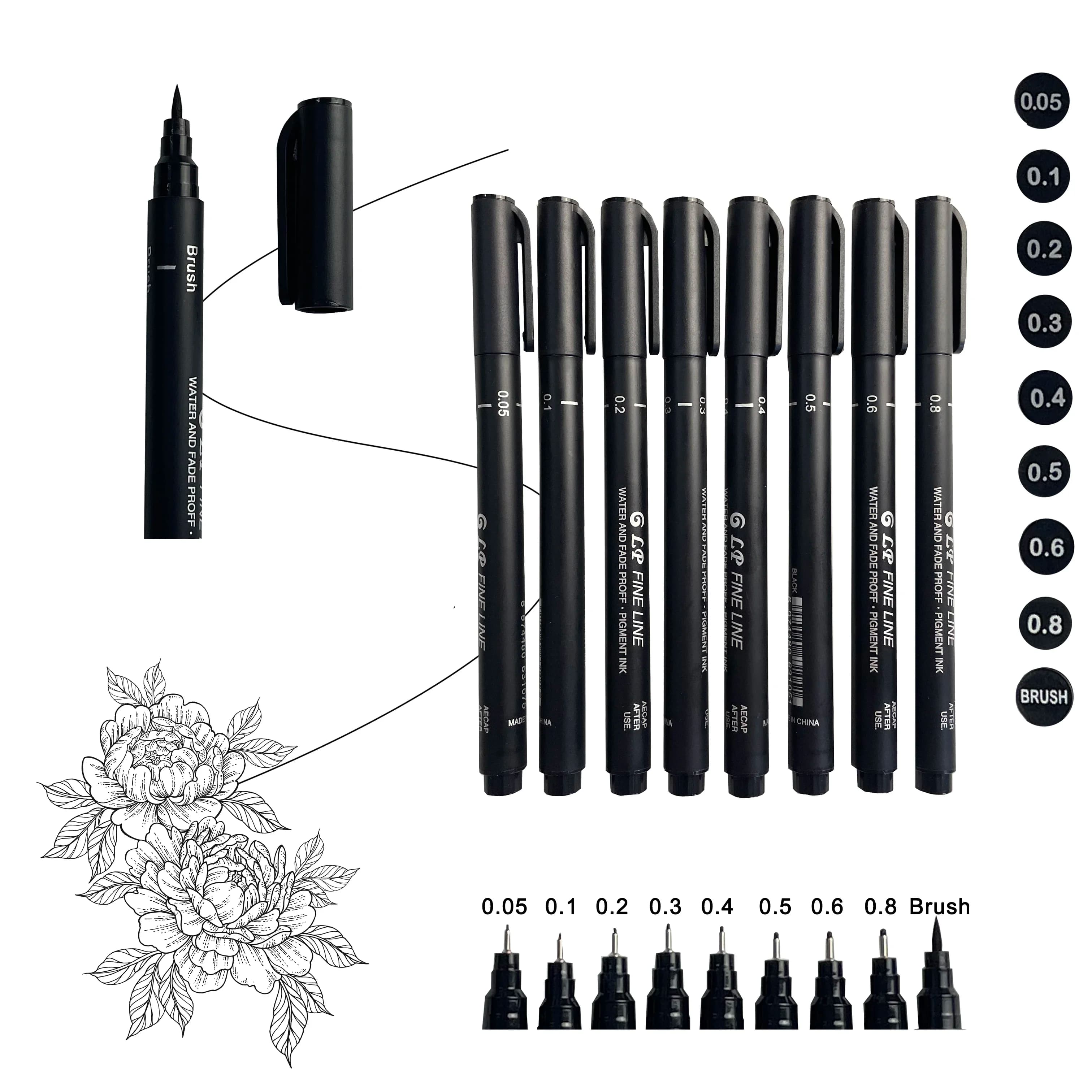 9 pezzi di penne a punta porosa con ago da disegno professionale in stile cinese, penna a pennello morbido nero, pittura impermeabile, schizzo, scrittura artistica