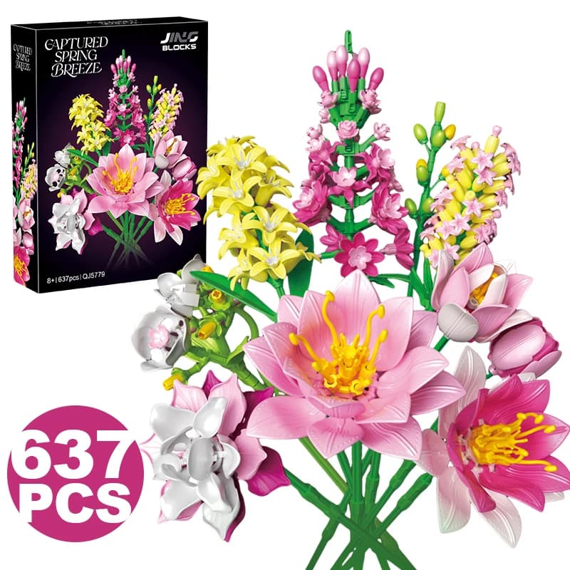Blocchi da Costruzione Creativi a Forma di Bouquet Rosa, Decorazione da Scrivania con Fiori di Giglio e Tulipano, Gioco di Costruzione per Ragazze e Adulti