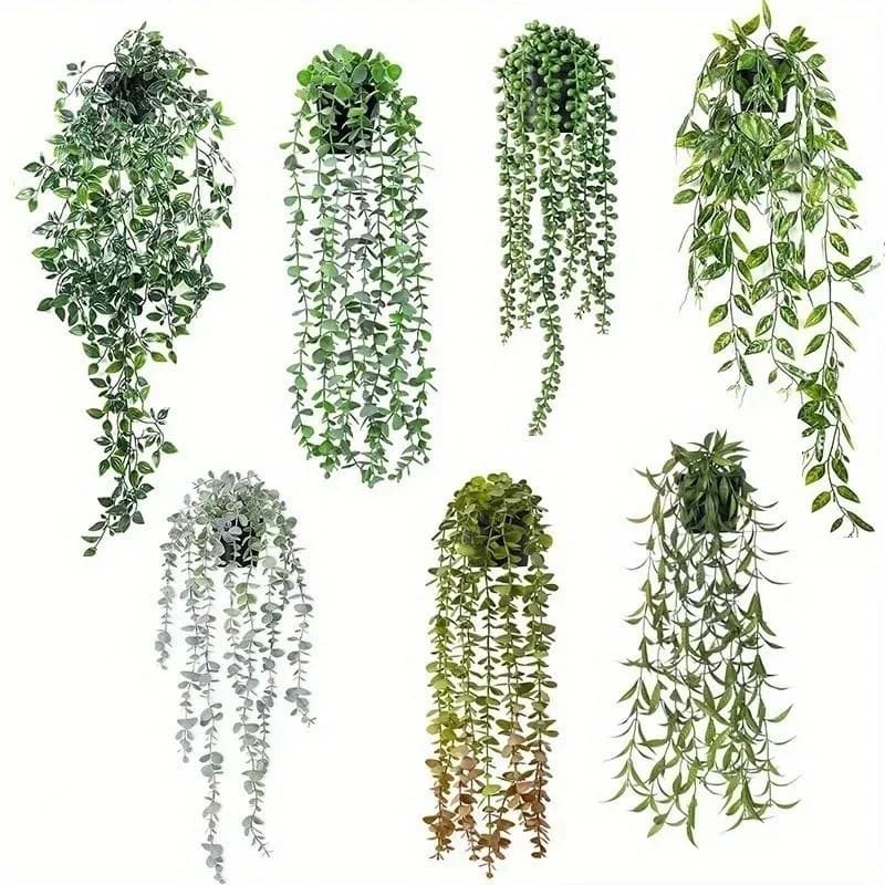 Suspended artificial plants, set of false vine pot plants with eucalyptus leaves, for internal and external walls and domestic decorations