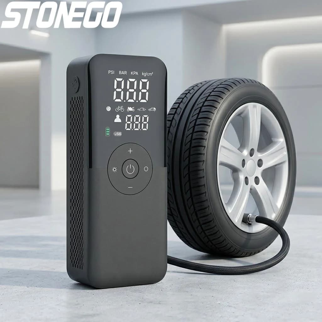 Pompa d'Aria Digitale Ricaricabile per Auto, Moto e Bici, Compressore Portatile Senza Fili per Gonfiaggio Pneumatici