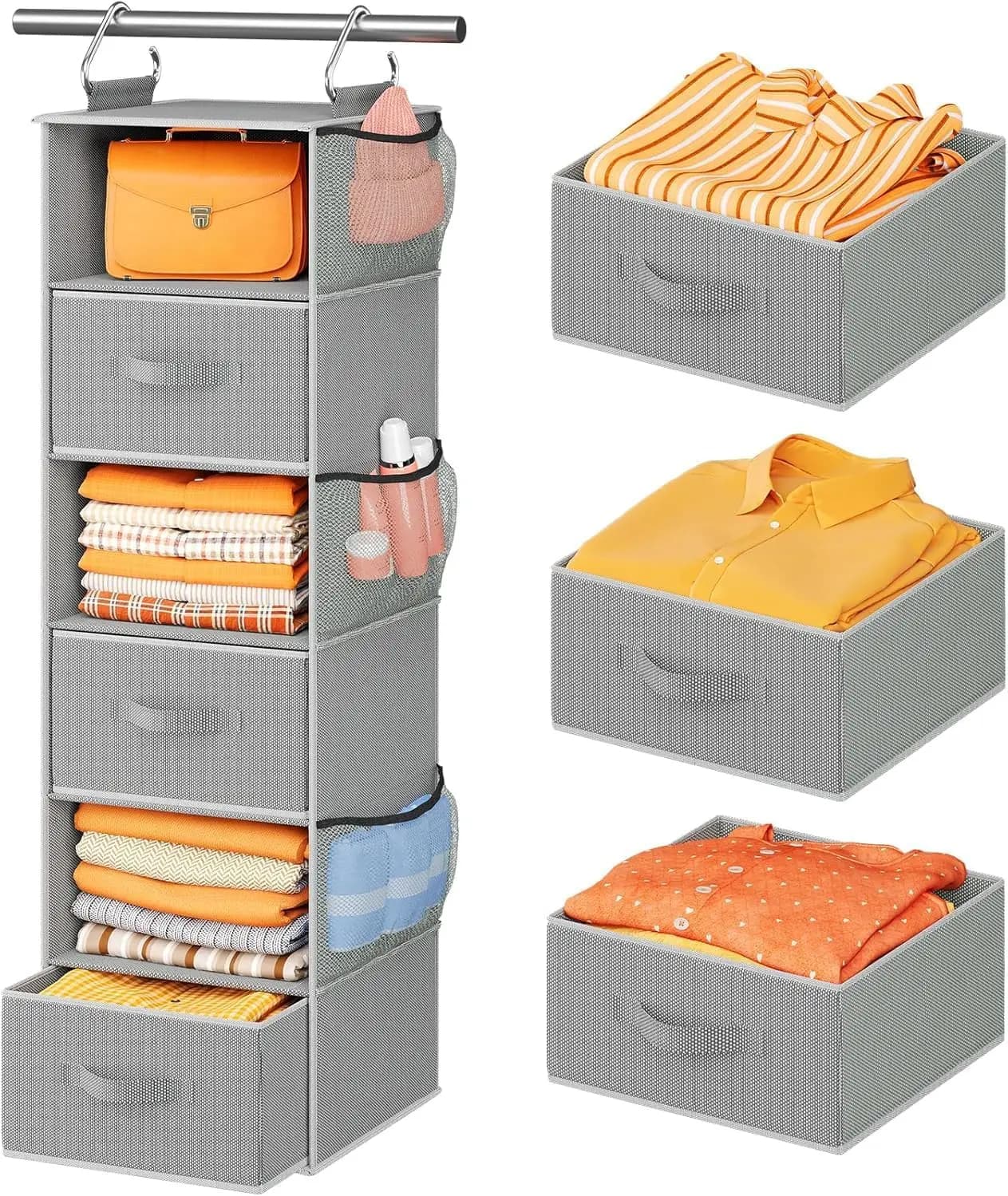 Organizzatore per Armadio Sospeso a 6 Ripiani con 3 Cassetti e Tasche Laterali, 30,5x30,5x110 cm, Grigio Scuro