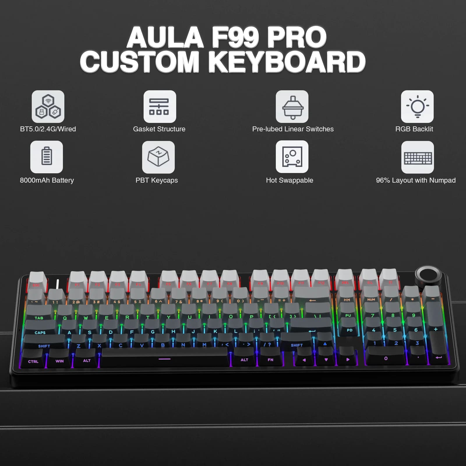 AULA F99PRO Struttura della guarnizione della tastiera da gioco wireless compatibile con tastiera meccanica hot-swap a 3/5 pin con manopola multimediale