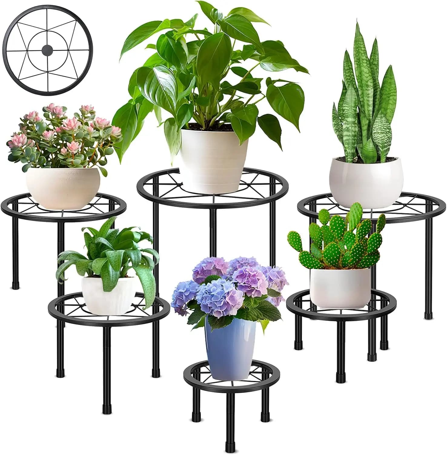 Set di 6 Supporti per Piante in Metallo Resistente, Portavasi Antiruggine per Interni ed Esterni, per Giardino, Patio, Balcone, Soggiorno, Nero