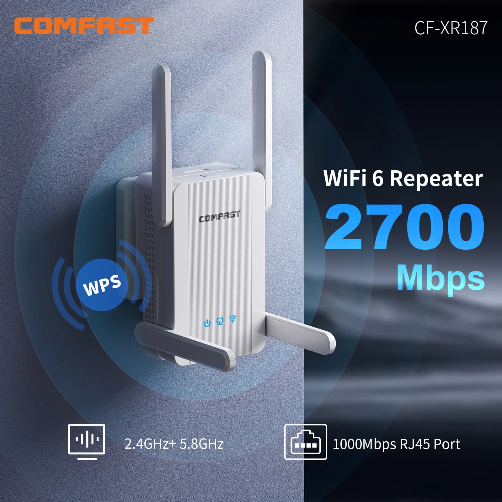 Comfast WIFI 6 2700Mbps Ripetitore Wi-Fi 4*5dBi Amplificatore di Segnale Wi-Fi 1000Mbps RJ45 Estensori Wi-Fi Modalità AP / Ripetitore / Router WPS