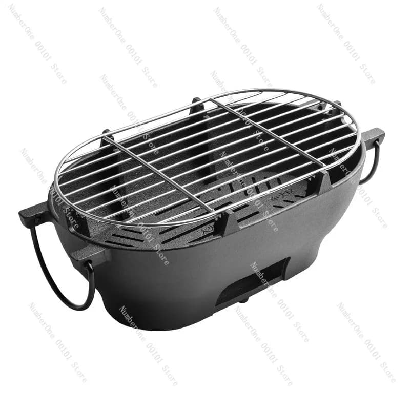 Griglia Portatile in Ghisa per Barbecue a Carbone, Piastra Ovale Multifunzione Durevole per Casa, Giardino, Patio e Campeggio