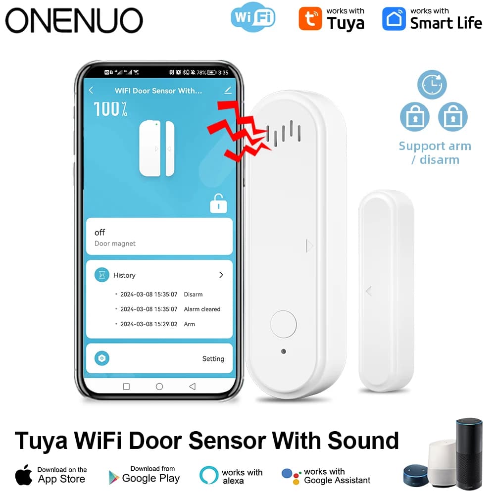 Tuya WiFi Sensore per porte e finestre Suono da 80 dB Allarme di sicurezza WiFi Rilevatori di porte aperte e chiuse APP Supporto per il controllo remoto Braccio e disesa