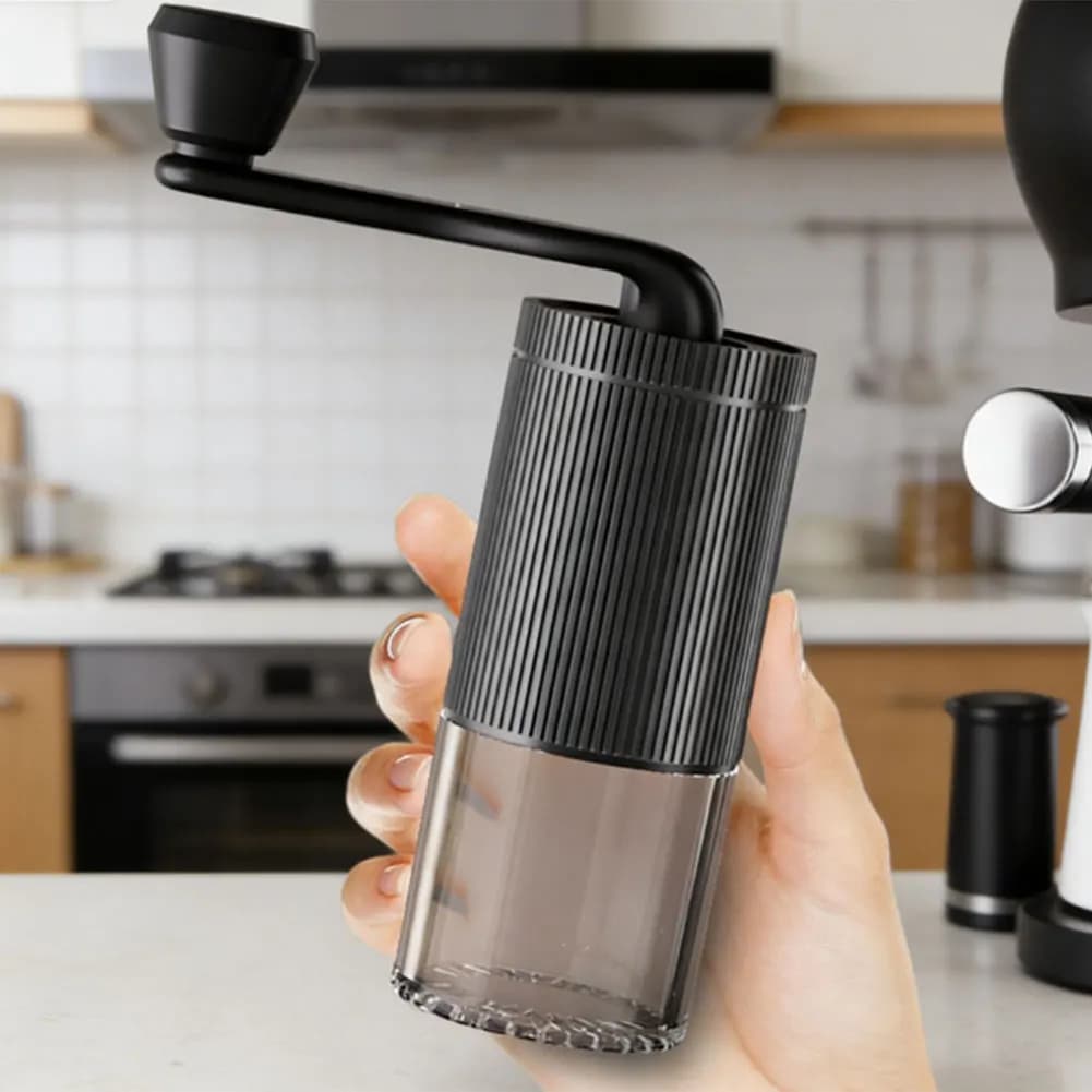 Effort-Reducing Manual Coffee Grinder with Dual Bearing Assembly Extended Lever Arm and Transparent Bean Viewing Window