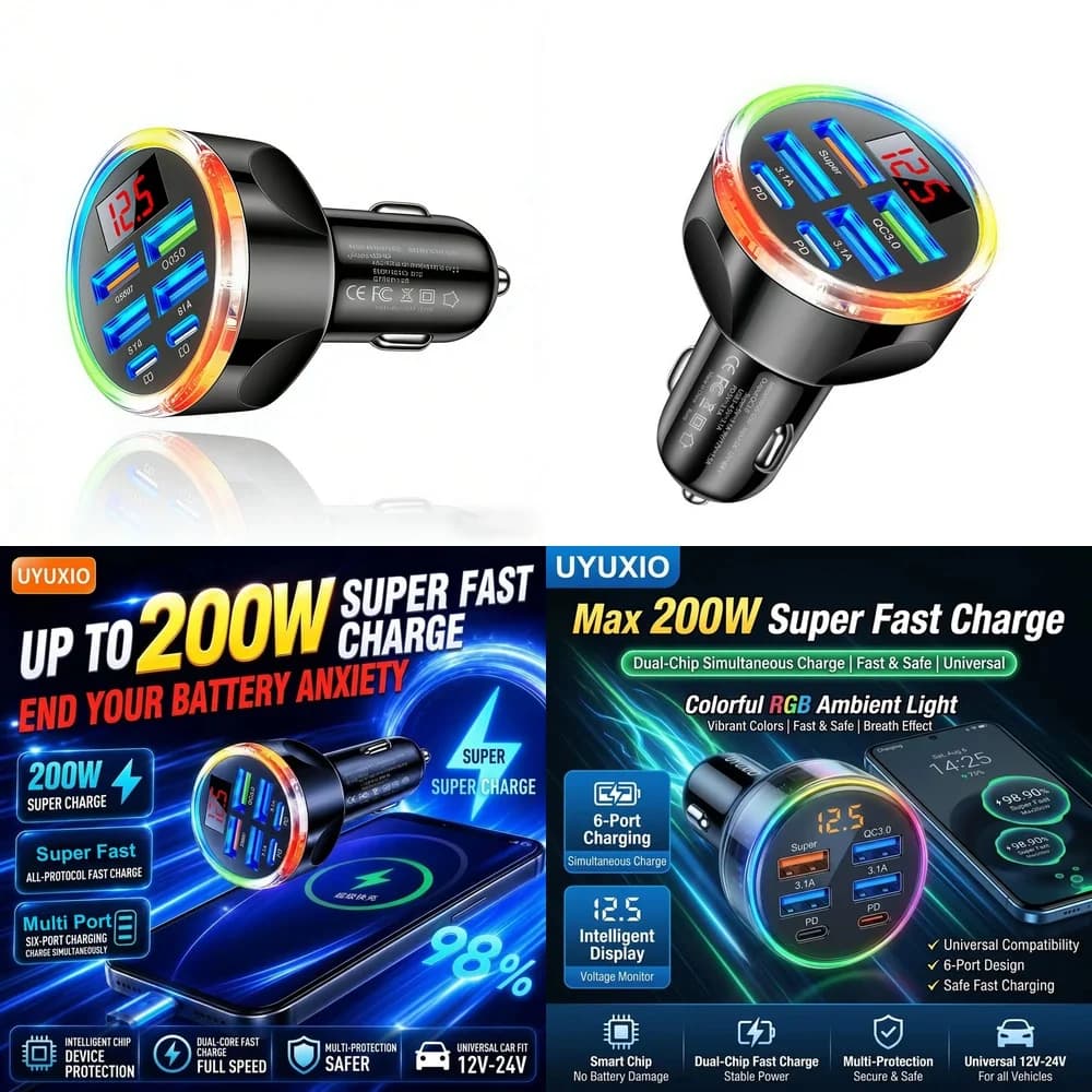 6 in 1 Fast Car Charger Adapter Trending for iPhone 18 17 16 Samsung S26 S25 S24 with LED Digital Voltage Monitoring Universal