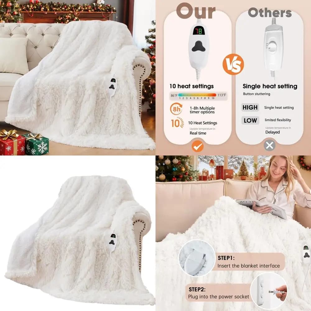 Accogliente coperta elettrica Sherpa in pelliccia sintetica, 10 impostazioni di calore e 5 timer, regalo invernale ideale, nuvola di neve 50x60