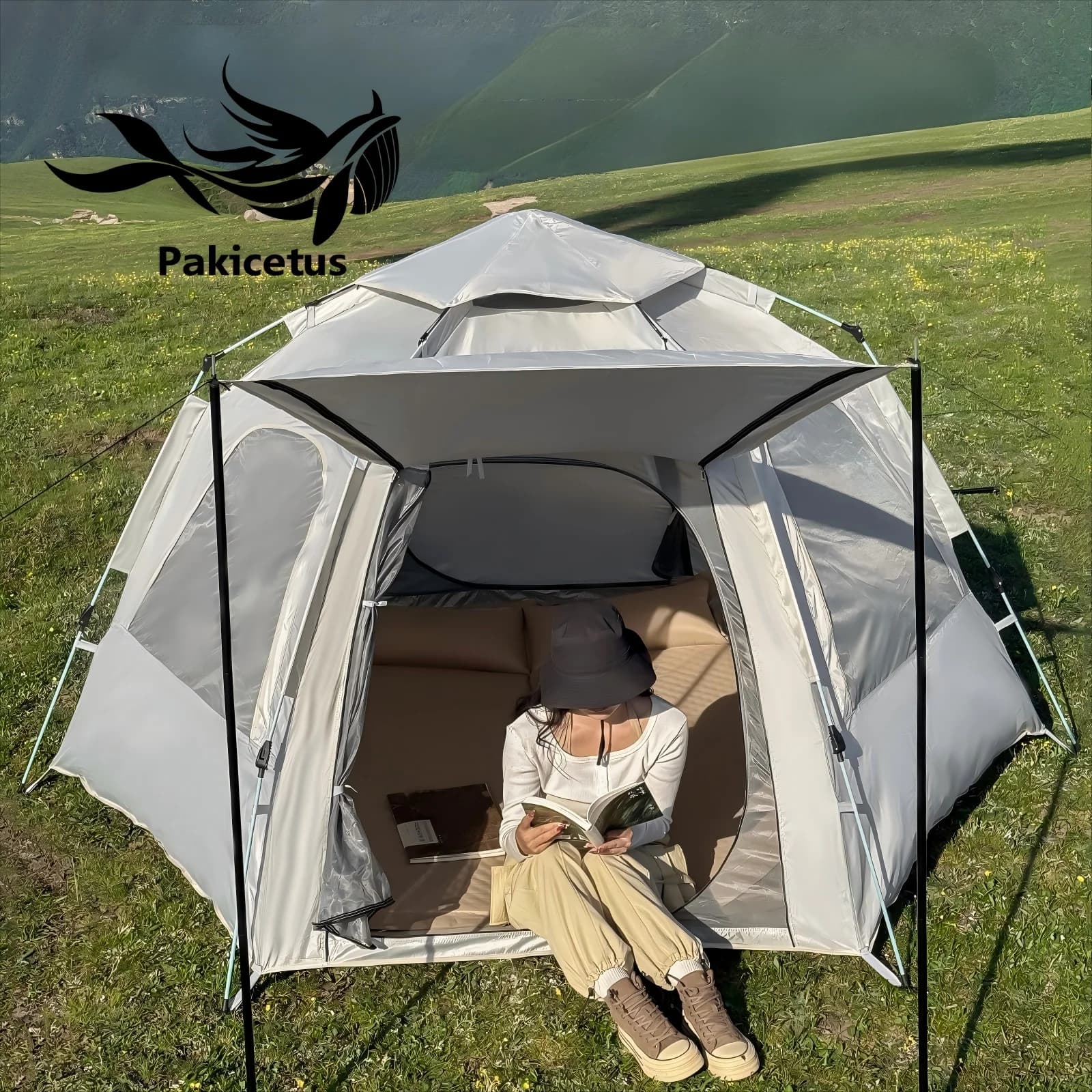PAKICETUS Pop Up Camping Tent Instant Setup Windproof Lightweight Double Doors Four Windows Tent for Hiking Beach Camping