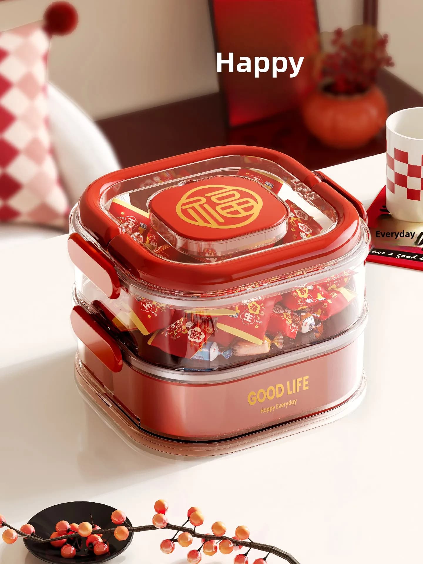 Scatola porta snack sigillata multistrato rossa per Capodanno, vassoio espositore per caramelle, frutta secca e noci, contenitore con scomparti a griglia.