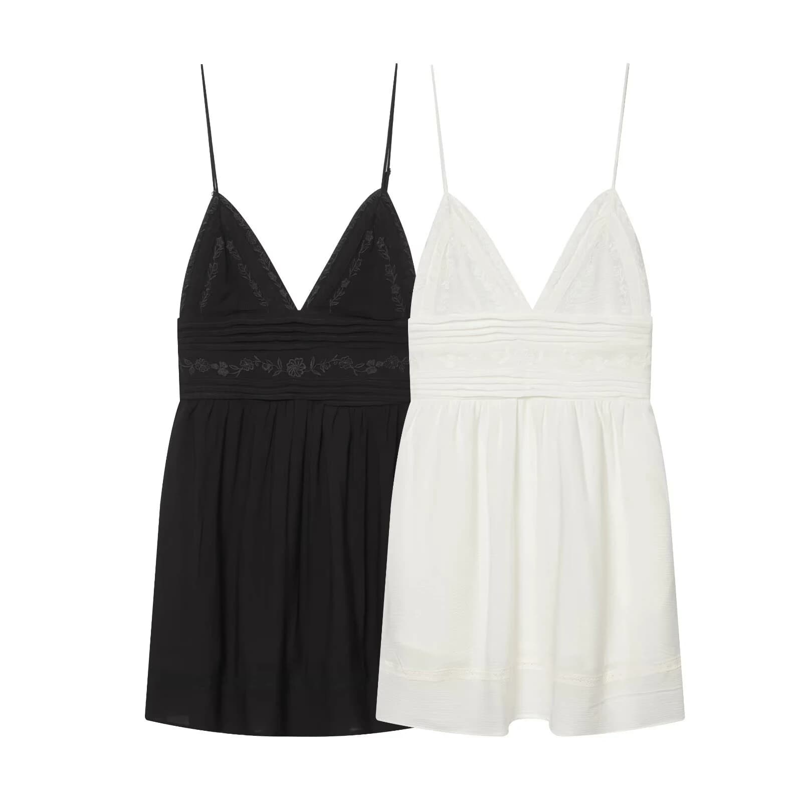 New French gentle style embroidered camisole dress with cinched waist for slimming vacation A-line short skirt