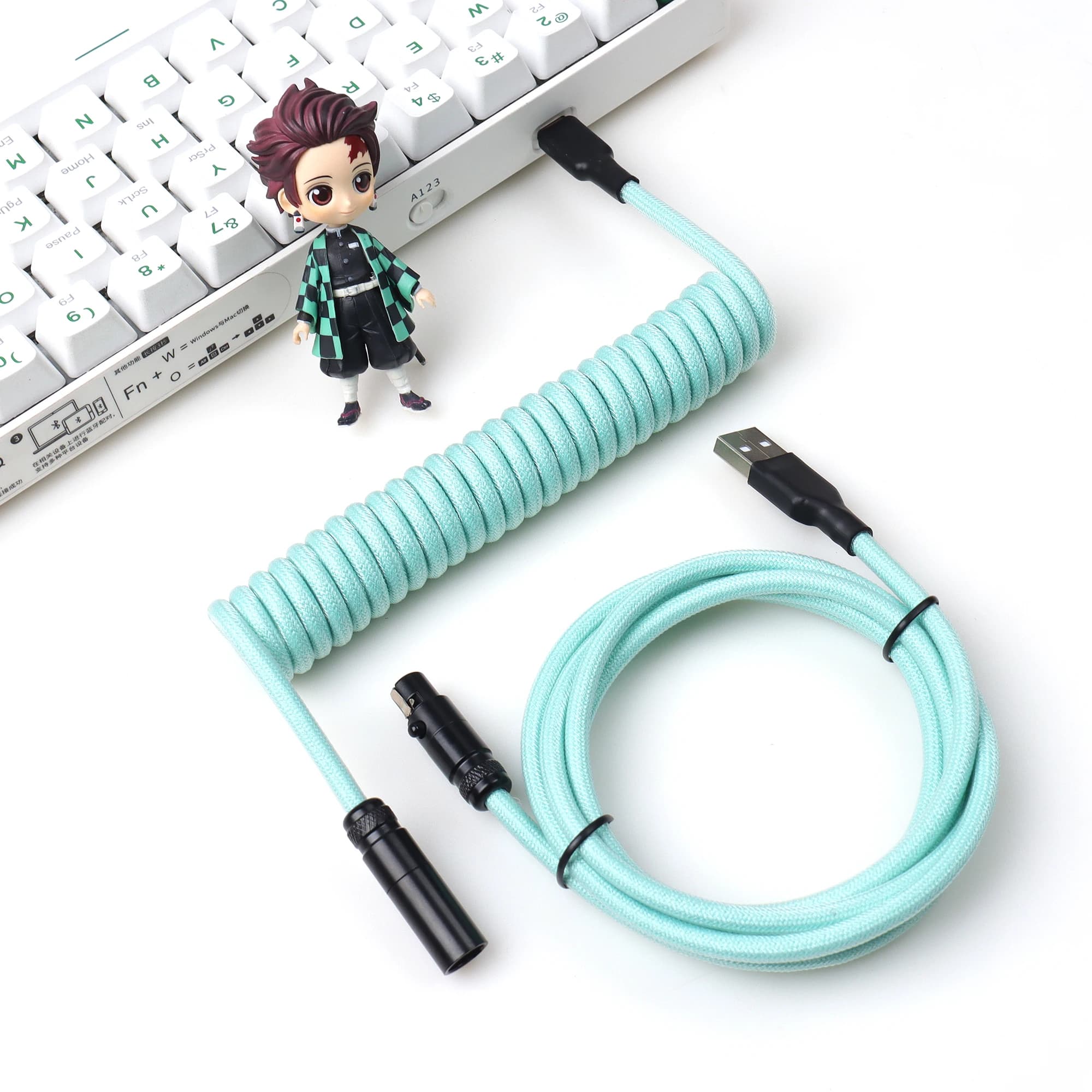【 LANO 】Cavo USB a Type-C a spirale bianco, mini XLR staccabile, con connettore Aviator in metallo e doppia guaina, per tastiera meccanica