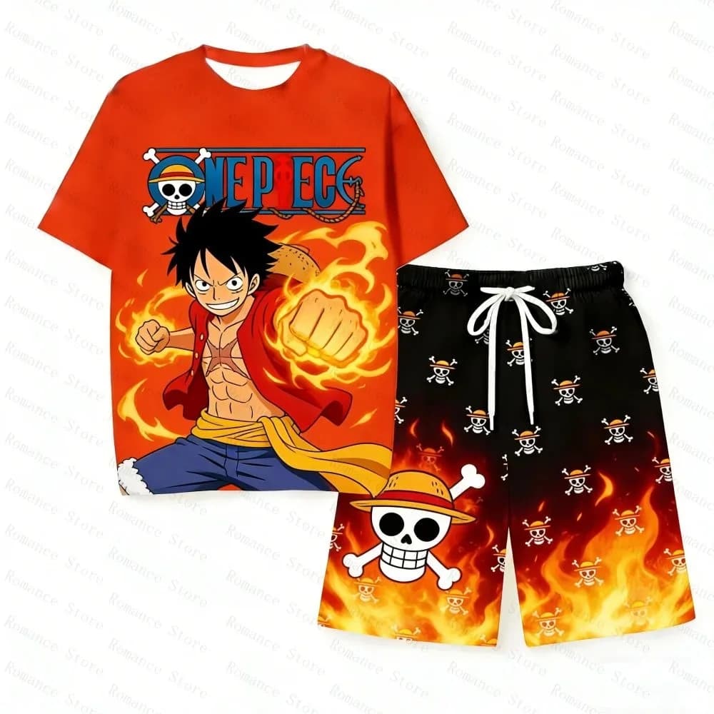 Nuovo Set Pigiama One Piece Luffy, Abbigliamento da Notte con Personaggi Anime, T-Shirt e Pantaloncini per Uomo, Donna e Bambini, Set Estivo