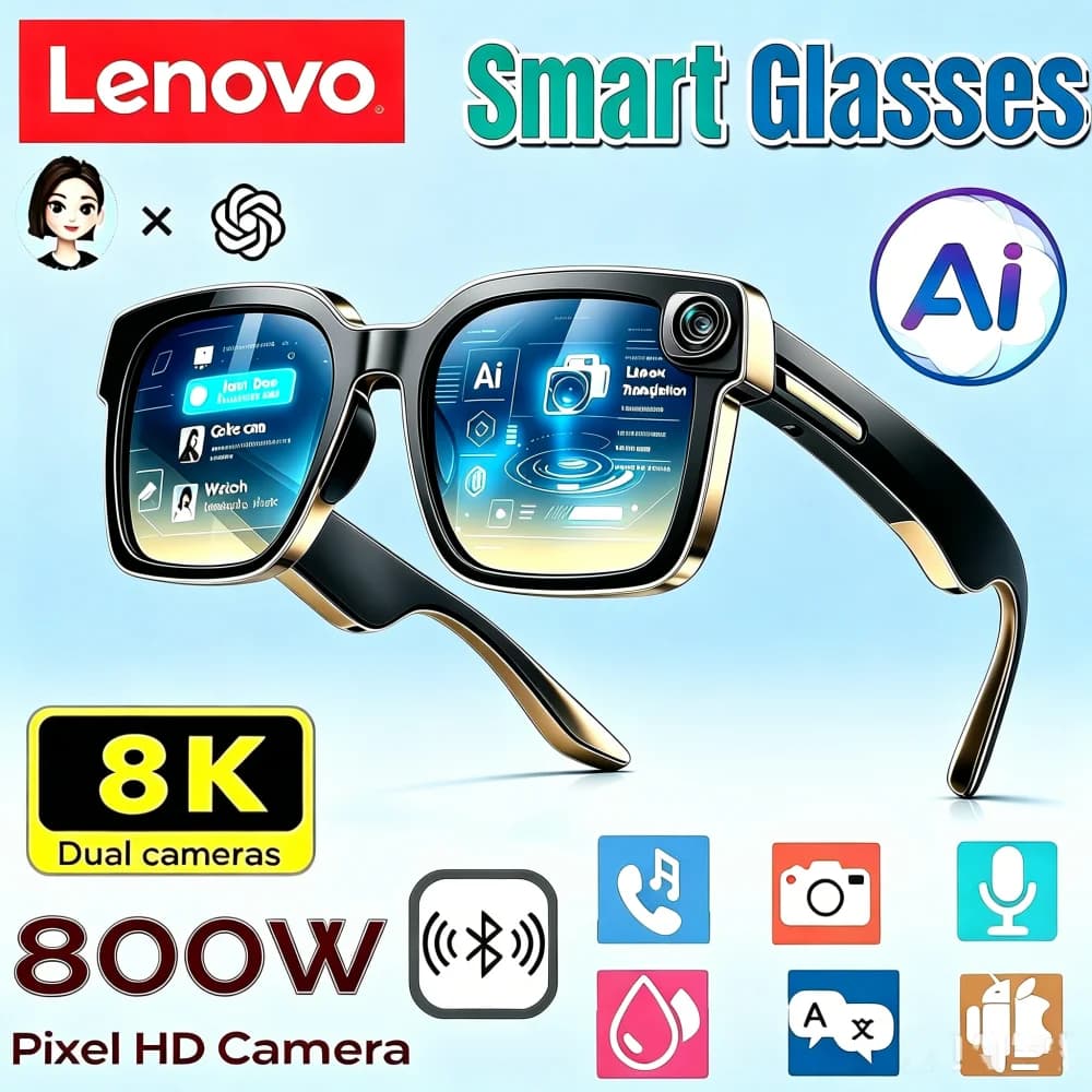 Lenovo Smart AI Glasses 800W HD 8K Shooting Camera Photo Video Voice Call Translation Bluetooth AI Motorcycle Glasses Upgrade