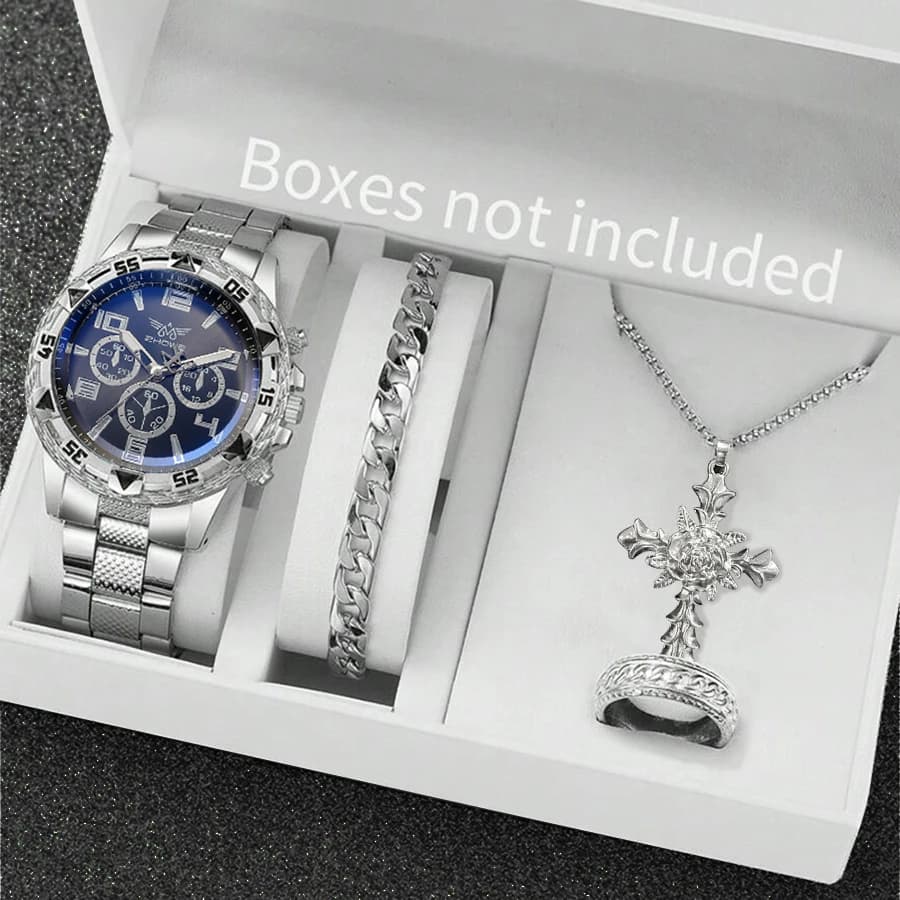 Set di orologi da uomo da 4 pezzi, moda casual, orologio al quarzo a tre quadranti in acciaio inossidabile, collana rosa gratuita, bracciale, anelli, regalo di compleanno