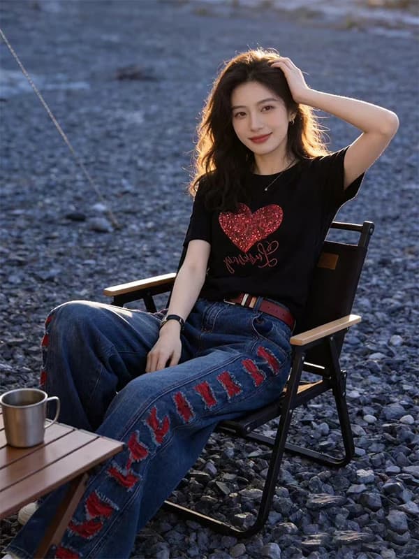 American Anti-Aging Design Heart Short Sleeve T-Shirt Women's Summer New Wide Leg Slimming Jeans Two-Piece Set Fashionable Ca...