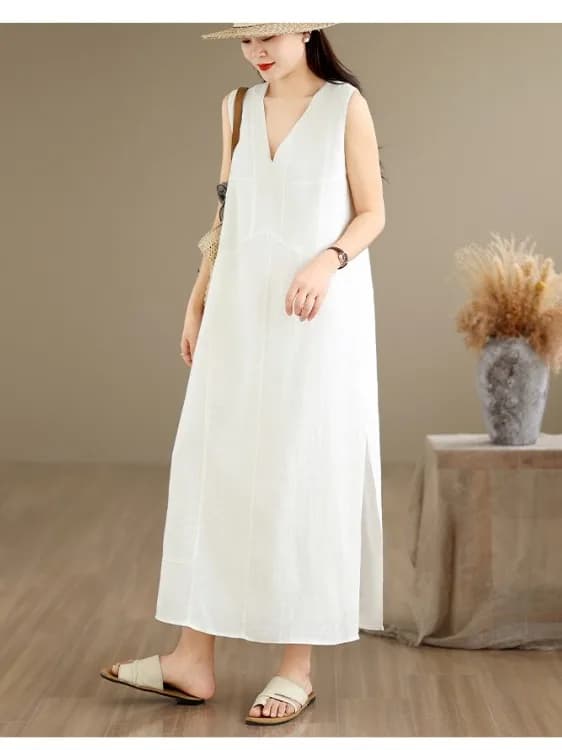 Elegant Minimalist Sleeveless V-Neck Casual Split Dress Women's Summer Slimming Age-Defying Vest Dress Cotton 100% Natural Style