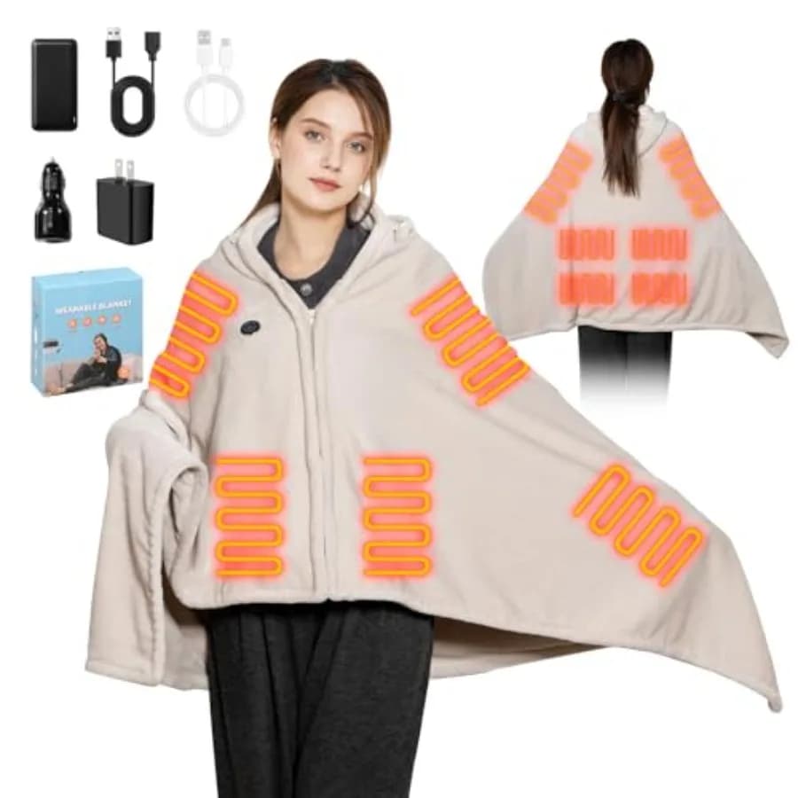 Coperta Riscaldante Senza Fili con Cappuccio, Coperta Riscaldante Indossabile Ricaricabile a Batteria con Batteria Potente, 9 Zone di Riscaldamento, 3