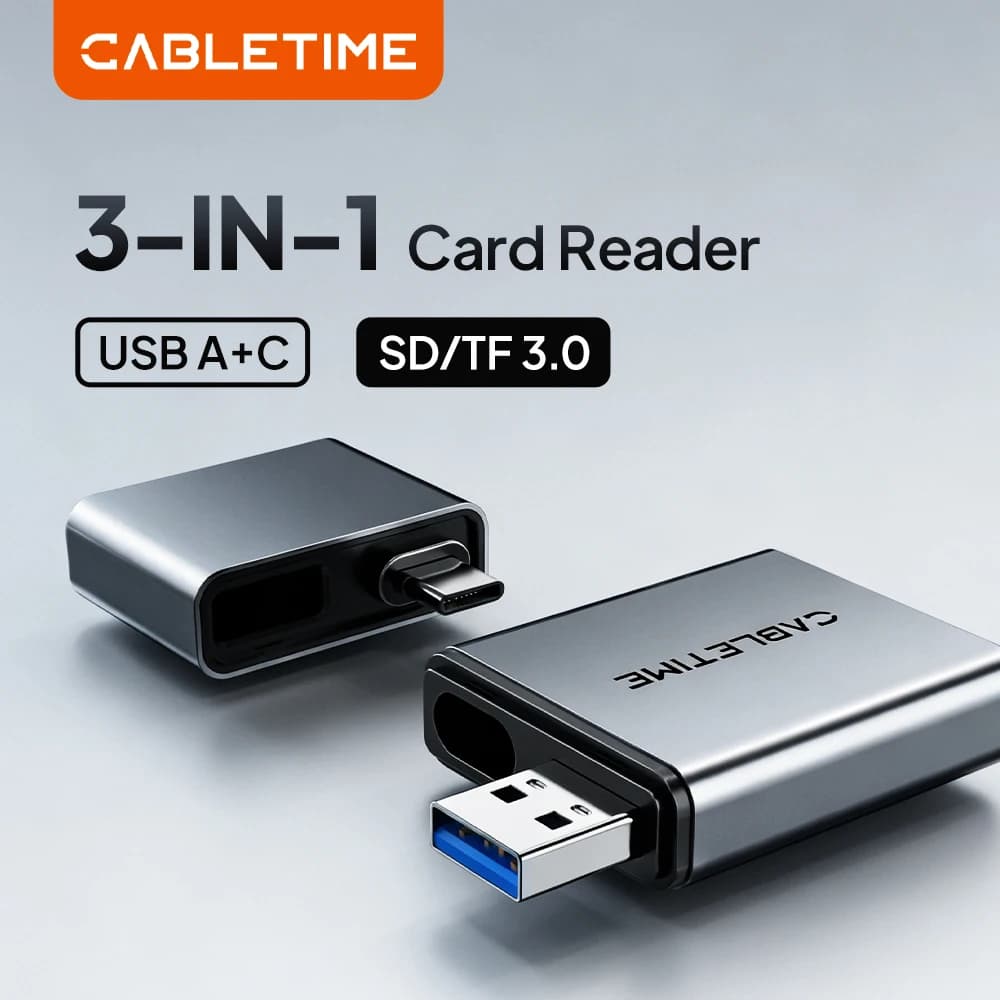 CABLETIME 3-in-1 Card Reader 312MB/s 5Gbps SD4.0 USB 3.0 USB A & USB C Aluminum Alloy SD/TF Card Adapter for Laptop Phone Macboo