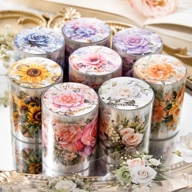 8 Rolls/Pack - Floral Tape Set - Flower Tape, Flower Stickers, Sunflowers, Roses, Daffodils, Butterflies, Decorative Masking Tape, Vintage Tape, Pet Tape, Decorative Tape, for Handmade Journals and Scrapbooking Supplies