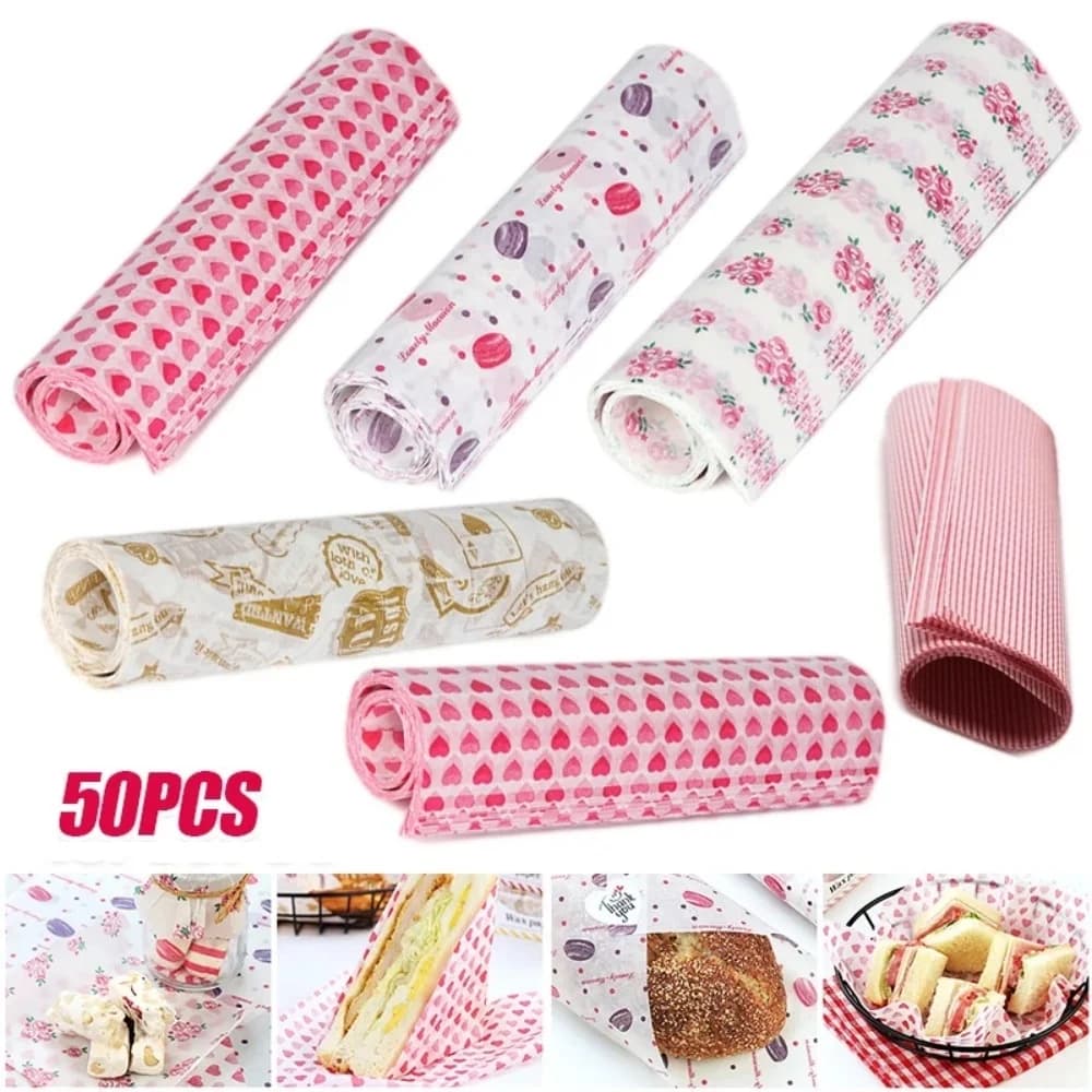 50 fogli di carta cerata monouso resistente all'olio, utilizzata per l'imballaggio di alimenti come panini, hamburger e caramelle.