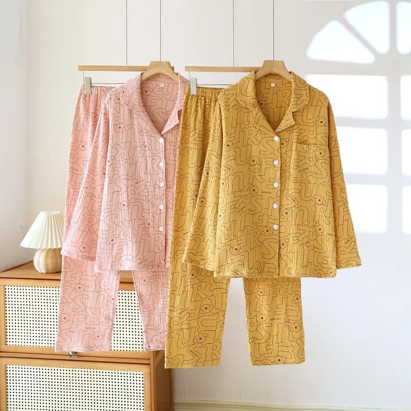Women's Cotton Crepe Soft Loose Pajamas Turn-down Collar Long Sleeves Trousers Casual Loungewear Letter Nightwears for Ladies