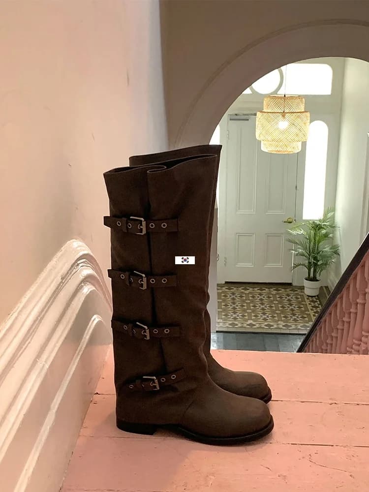 Stivali Medievali Regolabili con Fibbia per Donna, Stivali alla Moda con Gamba Larga, Stile Coreano, Punta Rotonda, Tacco Medio, Suola in Gomma