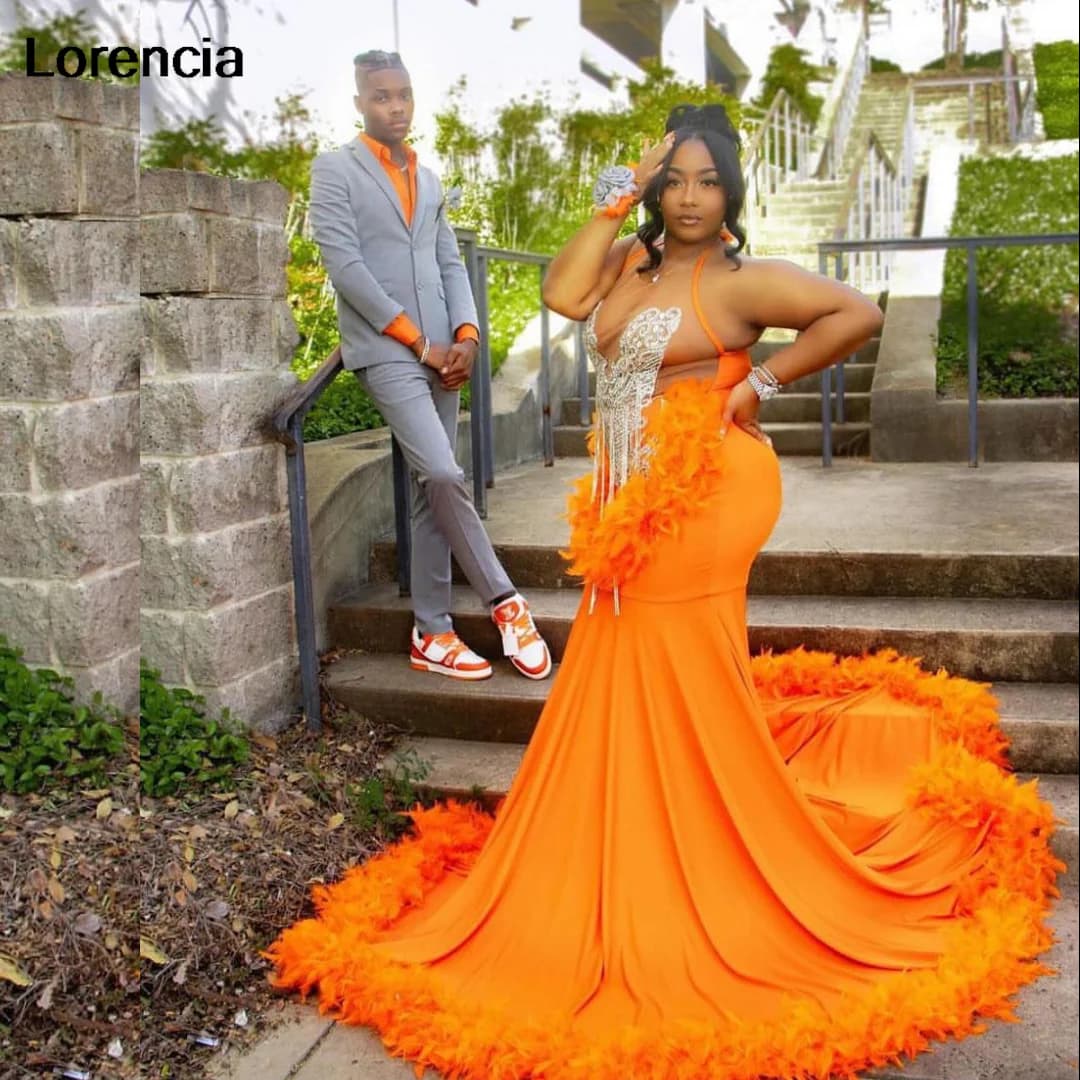 Abito da ballo arancione lungo con sirena aderente personalizzato Abiti da gala per feste di cristallo per ragazze nere africane con strass in rilievo argento YPD167