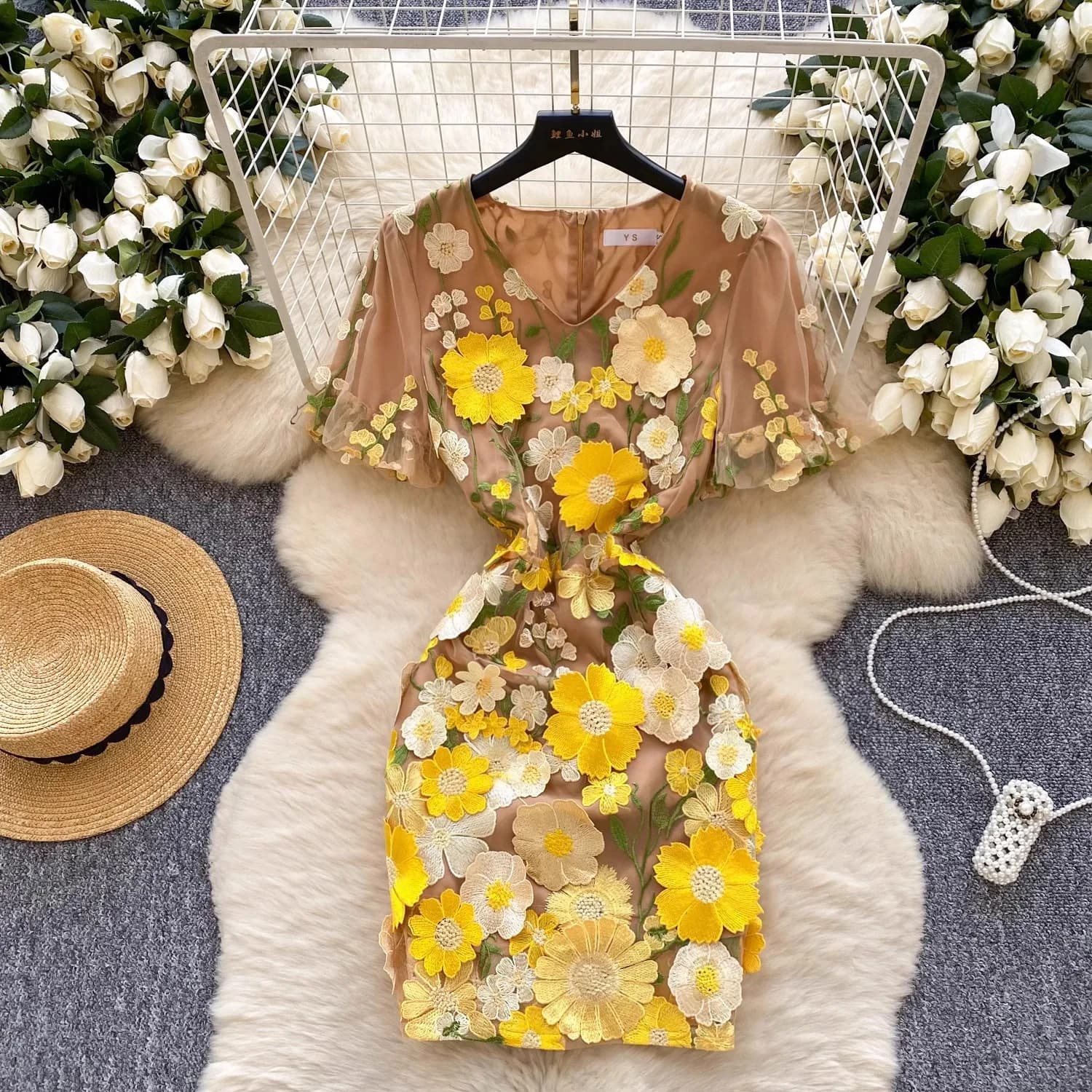 Women Dress Beige Mesh Bodycon Dress with Pastel Floral Appliques V Neck Short Sleeve for Bridal Shower Events