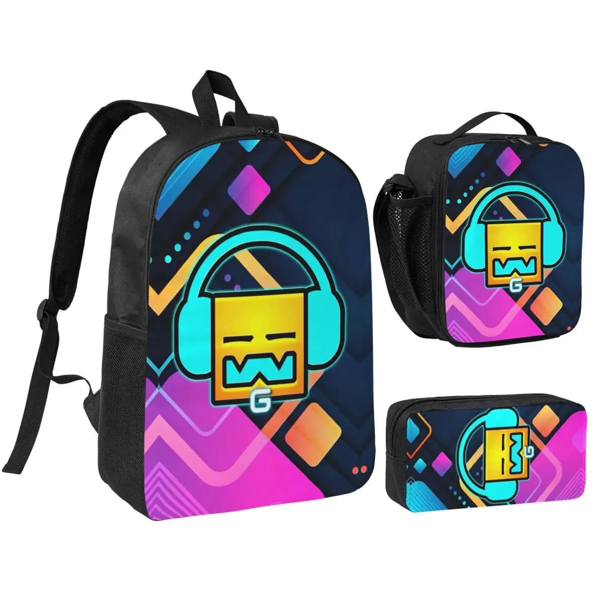 Geometry Dash Music 3pecs/set Backpack for Student Geometric Dash Video Game College Shoulder Bag Lunch bag Pencil Case