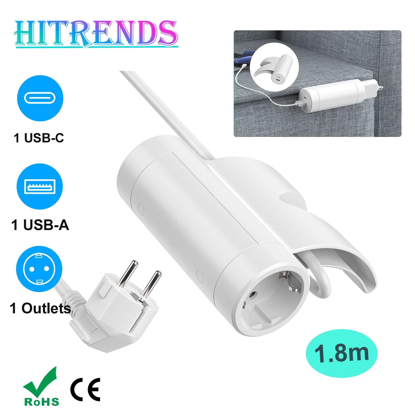 Presa da divano HITRENDS con spina europea, 1 presa CA, 1 porta USB A e porta Type C, cavo di prolunga da 1,8 metri, multipresa per mobili