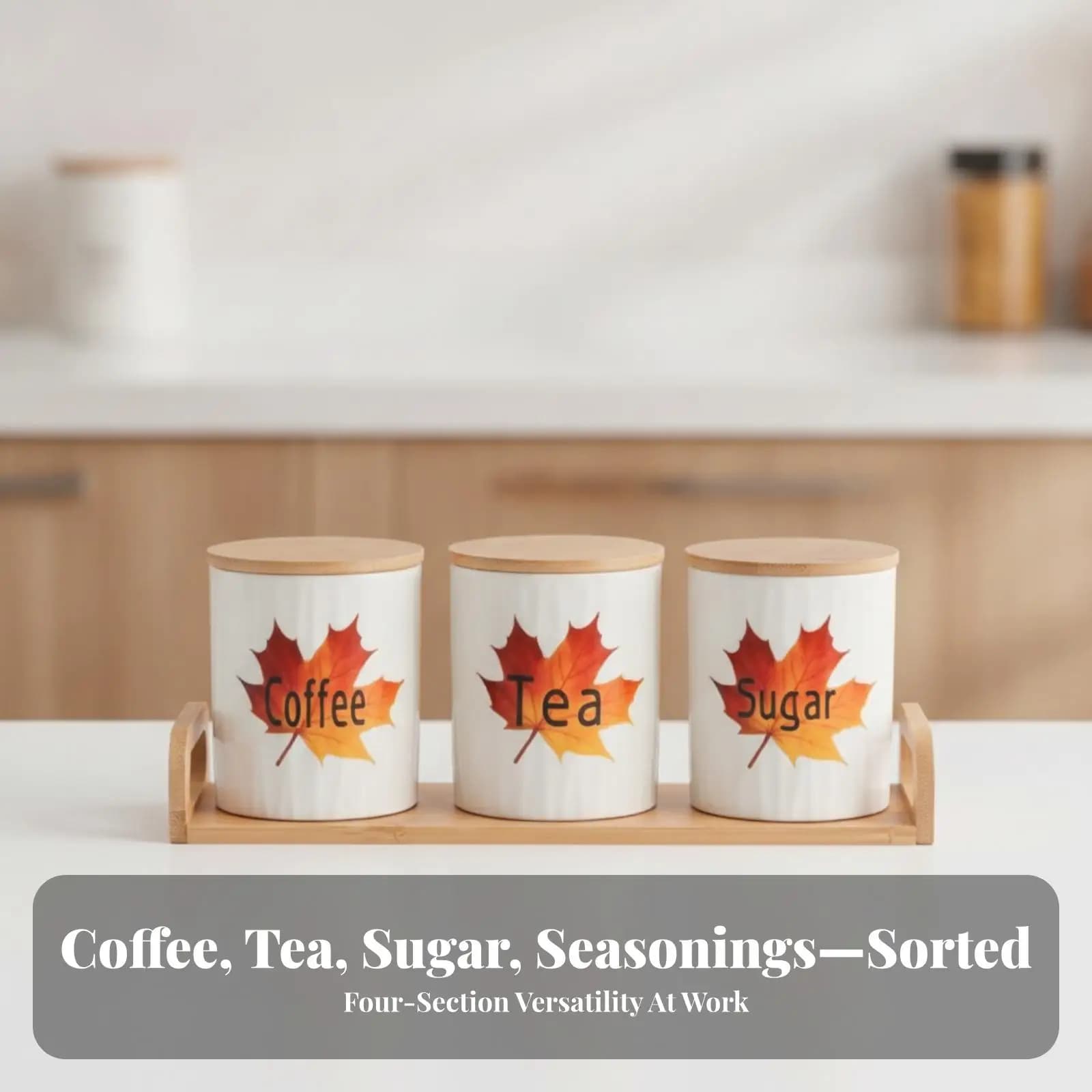 Ceramic Storage Jar Set with Bamboo Lids Airtight Kitchen Canisters for Coffee Tea Sugar and Spices Organization