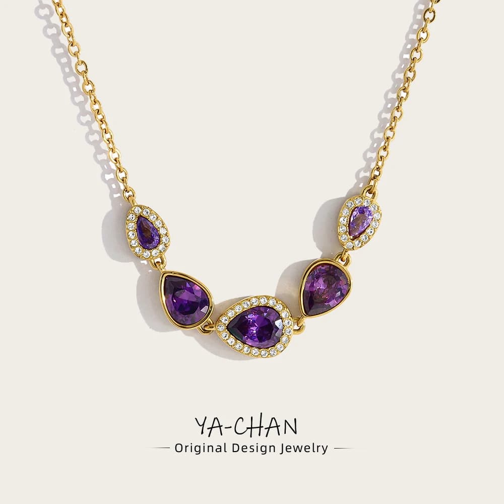 YACHAN Luxury Purple Zircon Crystal Stainless Steel Necklaces for Women Chic Vintage 18K Gold Plated Trendy Waterproof Jewelry
