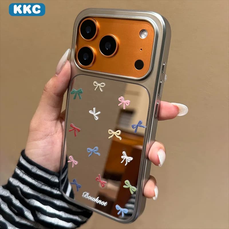 Custodia per telefono anti-caduta in stile coreano INS con specchio, fiore, coniglio e fiocco, con bordo in resina epossidica, per iPhone XR/11/12/13/14/15/16/17 ProMax