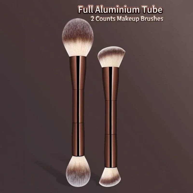Set di 2 Pennelli Professionali a Doppia Punta per il Trucco del Viso con Applicatore per Polvere e Blush - Setole Morbide in Nylon Adatte alla Pelle