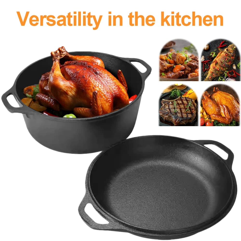 Set of pots 2 in 1 in Cast iron with Double Handle, Cooking pan, Frying, Oven Cooking, Camping, Barbecue, Kitchen Tools