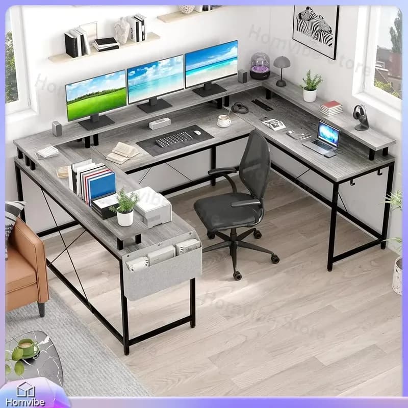 U Shaped Gaming Desk with Monitor Stand Storage Shelves Corner Computer Desk for PC Laptop Ergonomic Adjustable RGB LED