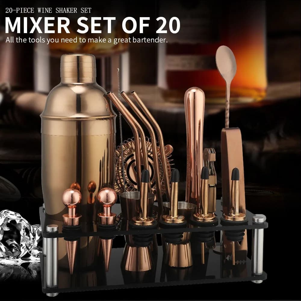 Set di shaker per cocktail Kit da barista da 20 pezzi con supporto Set da bar per mixologia Set di miscelatori per bevande con accessorio essenziale per libretto di ricette