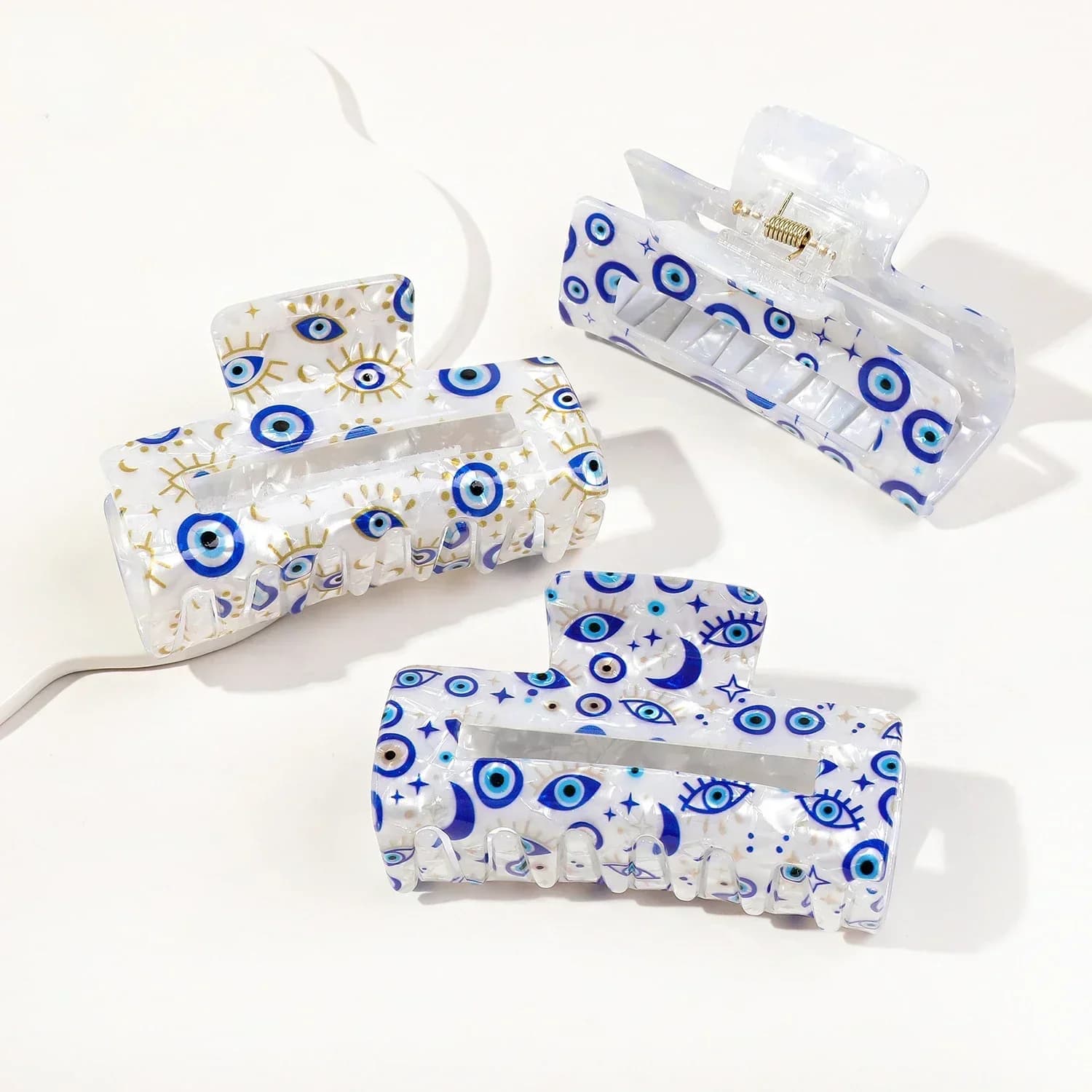 Fermaglio per capelli stampato con occhio del diavolo da 8,5 cm, grande clip quadrata per capelli da donna, clip di squalo, accessori per capelli personalizzati per feste