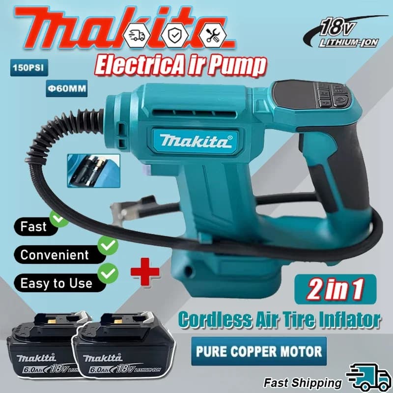 Compressore d'aria portatile Makita senza fili con display digitale, pompa gonfiabile per pneumatici auto, compatibile con batterie da 18V