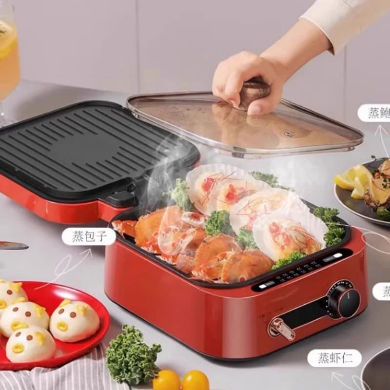 Monda Teglia elettrica multifunzionale Riscaldamento Spezzatino elettrico Barbecue Padella Riscaldamento bifacciale per uso domestico Cottura Po