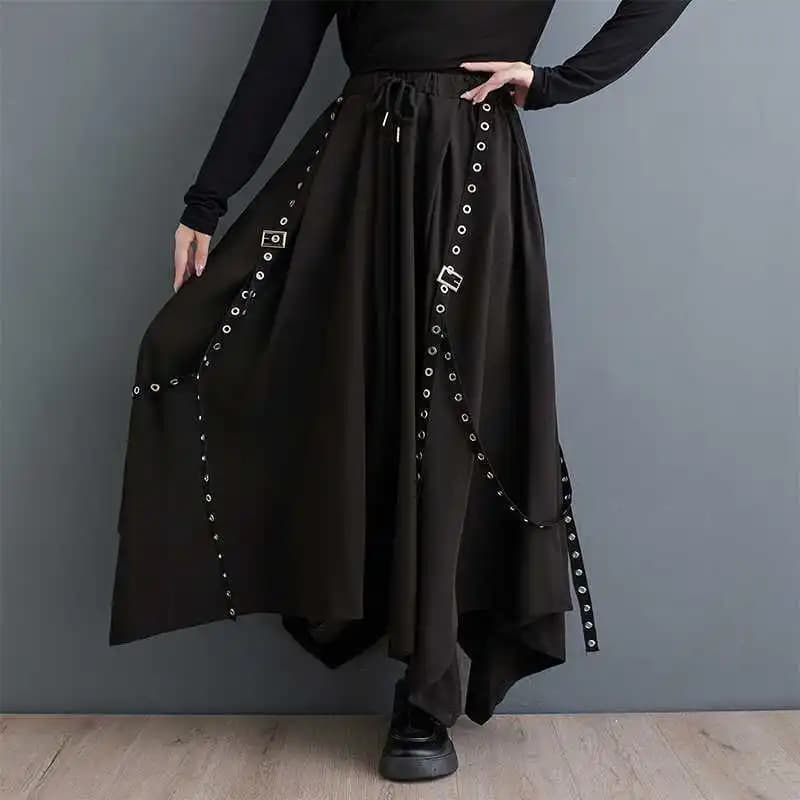 Y2k pantaloni donna uomo Harajuku nero Steampunk pantaloni gamba larga irregolari Oversize moda coreana rivetto fasciatura gonna Punk pantaloni