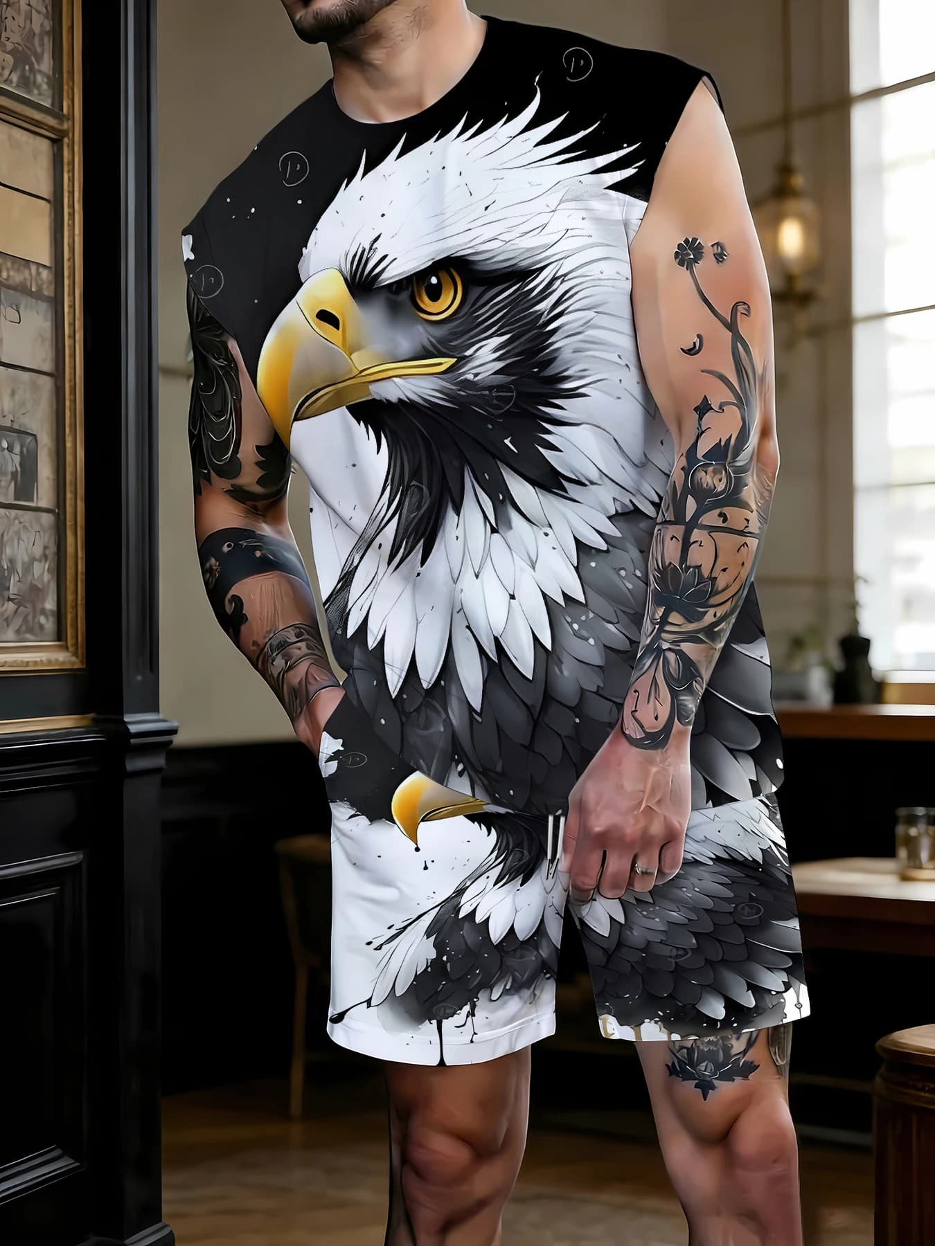 Men's set with ribbed tank top and shorts, made of elastic polyester, casual, two pieces, size US